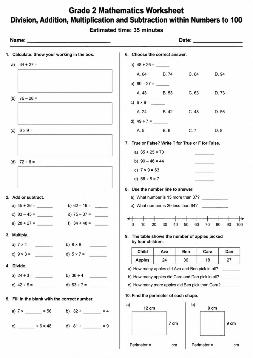 Grade 2 mixed operations within 100 maths worksheet preview