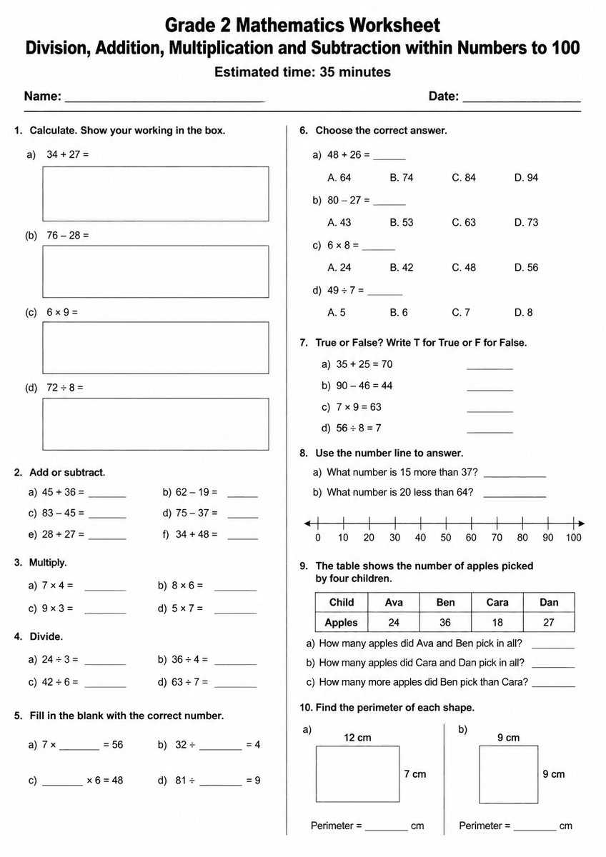 Grade 2 Division, addition,multiplication and subtraction within numbers to100 Maths Worksheet — free printable Grade 2 maths worksheet
