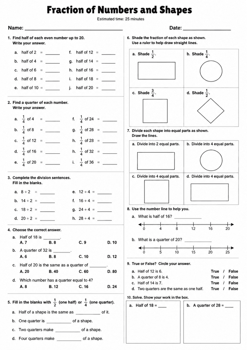 Grade 2 fraction of numbers and shapes maths worksheet preview