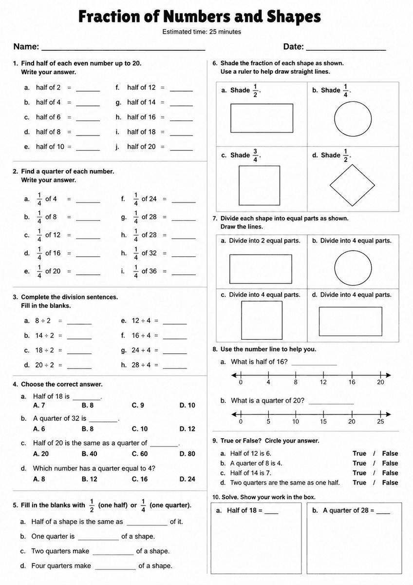 Grade 2 Fraction of numbers and shapes Maths Worksheet