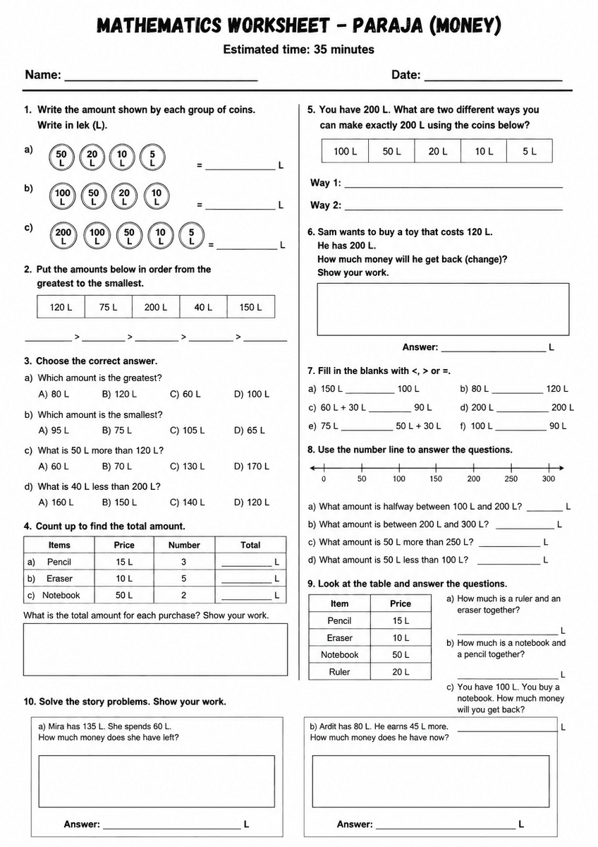 Grade 2 money in lek maths worksheet preview