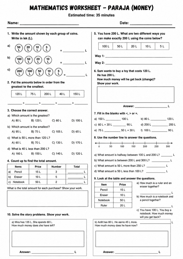 Grade 2 Money (Lek) Maths Worksheet