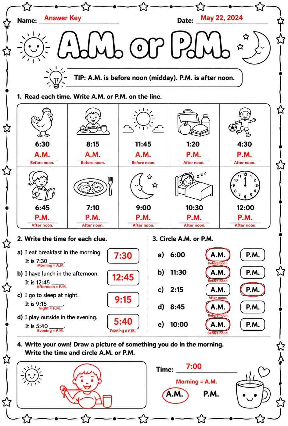 Answer key for A.M. or P.M. — free printable Math worksheet