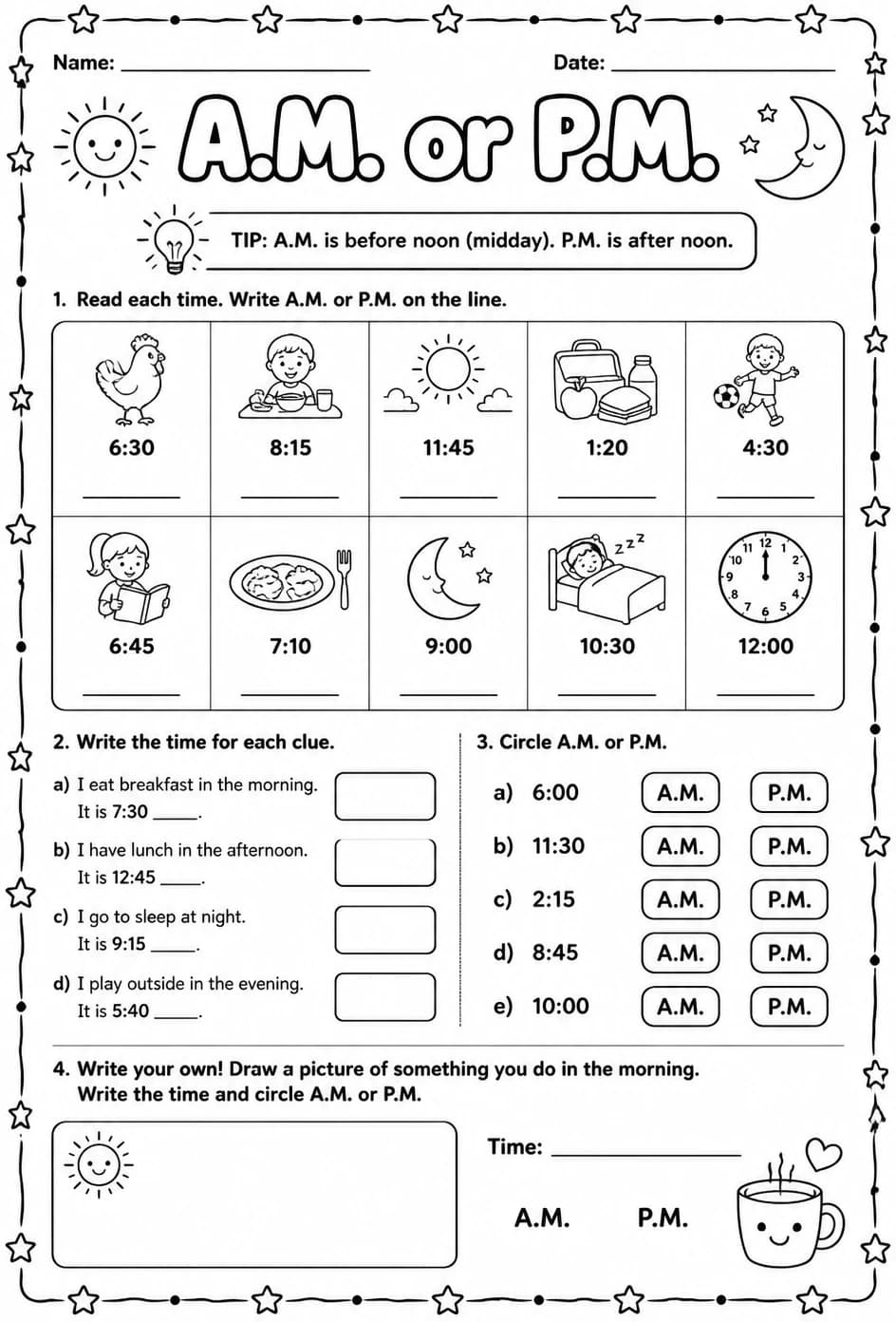 A.M. or P.M. — free printable Grade 2 math worksheet