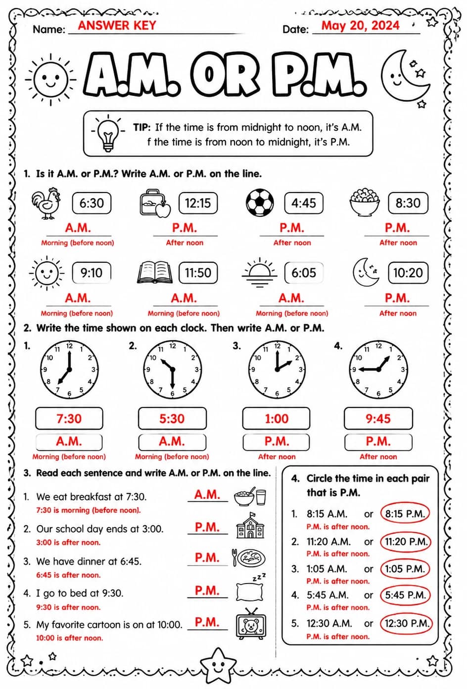 Answer key for A.M. or P.M. — free printable Math worksheet