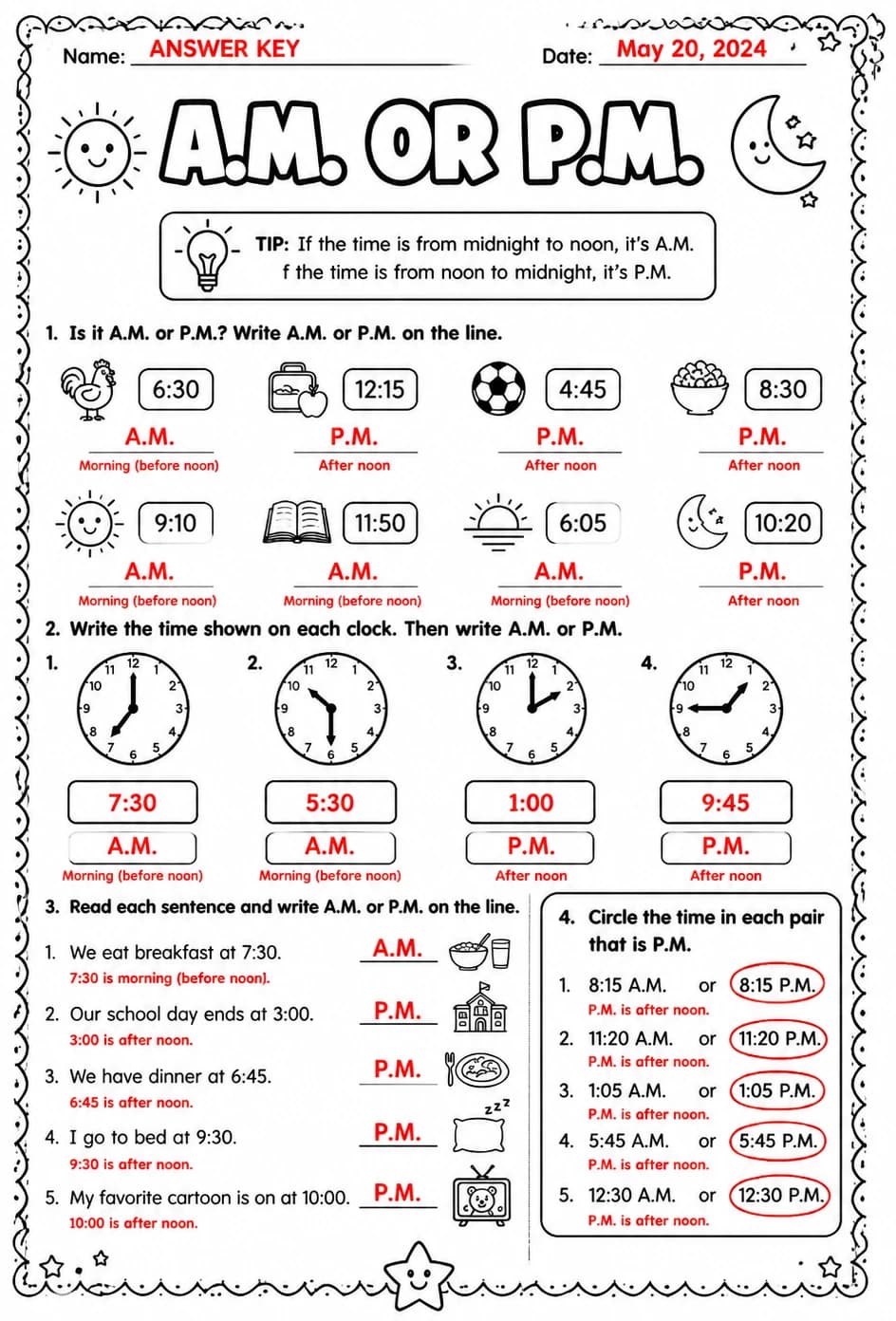 Answer key for A.M. or P.M. — free printable Math worksheet