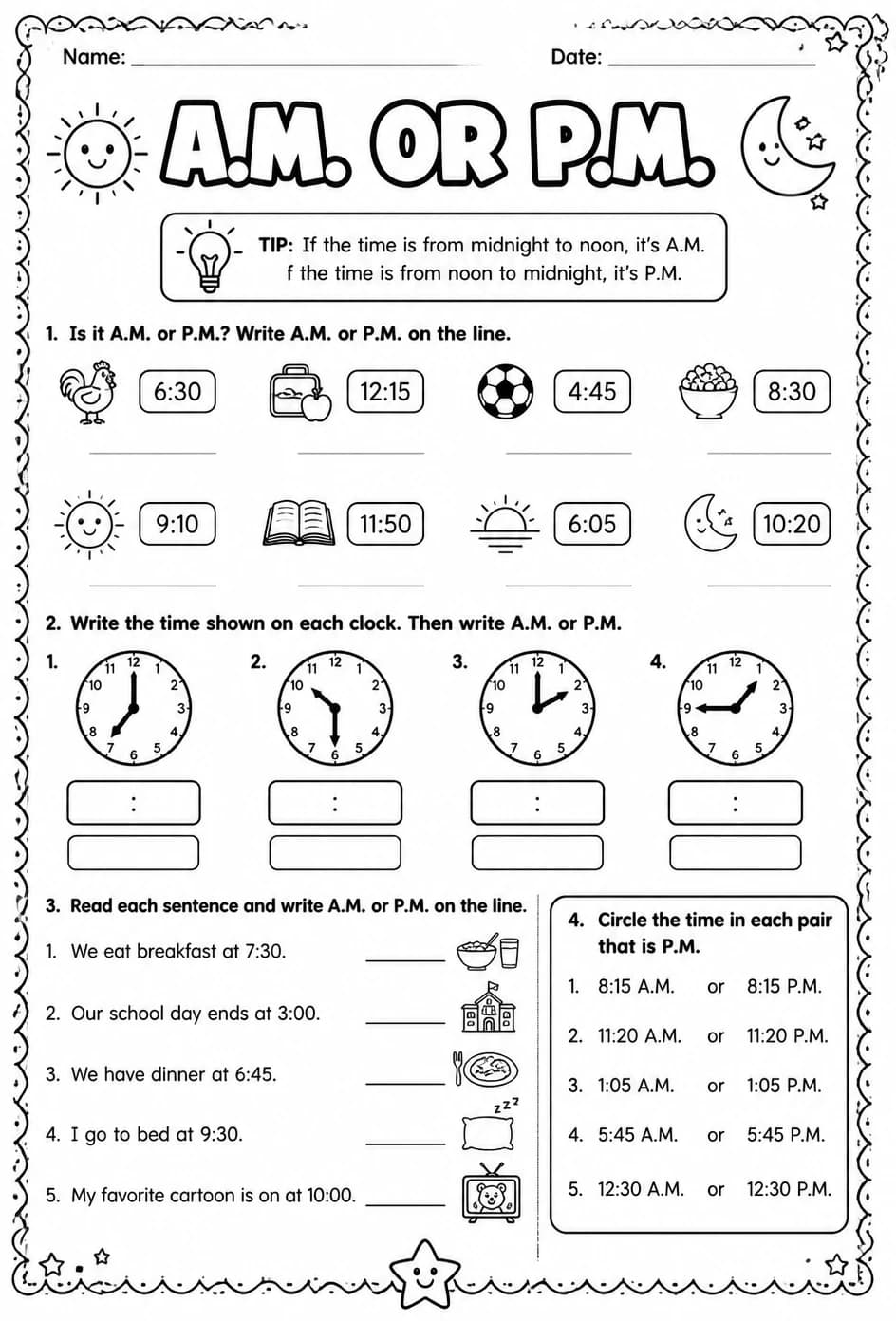 A.M. or P.M. — free printable Grade 3 math worksheet