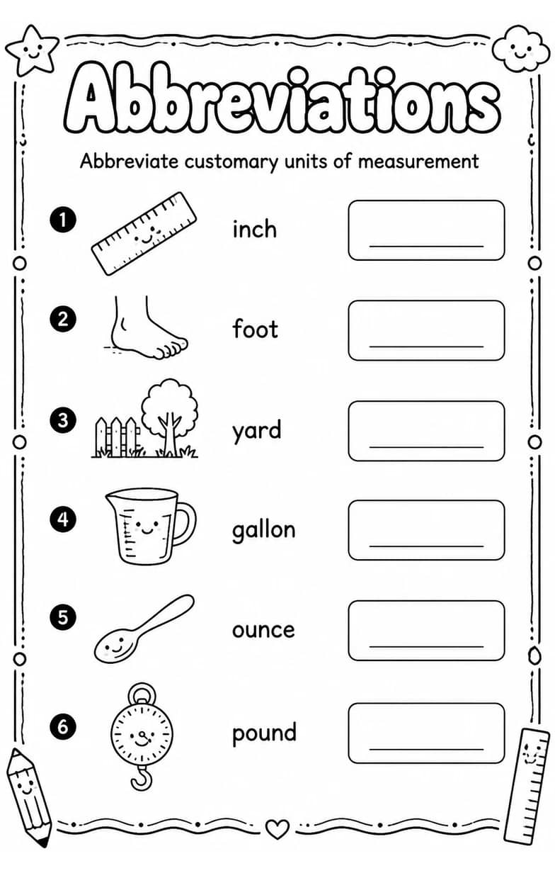 Abbreviate customary units of measurement — free printable Grammar and mechanics English worksheet