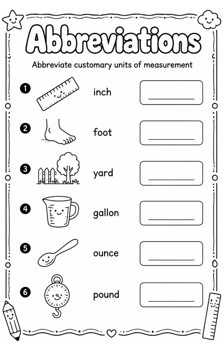 Abbreviate customary units of measurement — free printable Grade 3 English & Reading worksheet