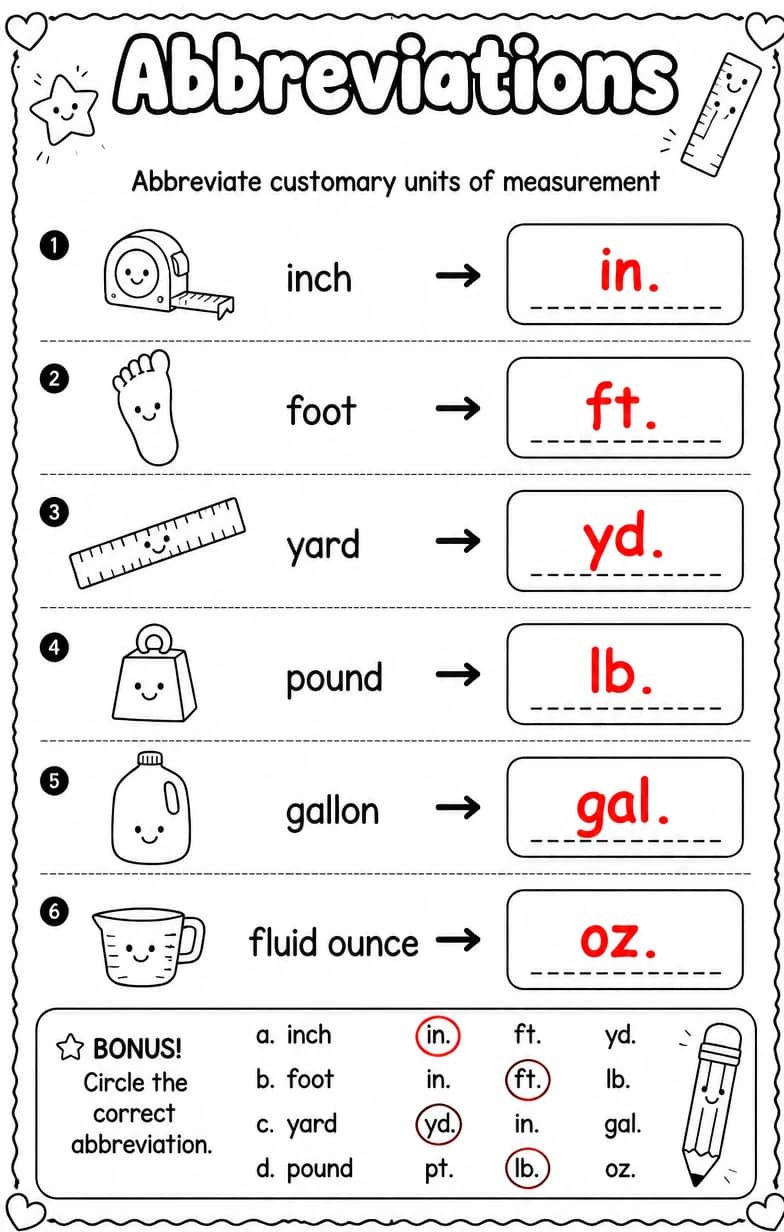 Answer key for Abbreviate customary units of measurement — free printable English & Reading worksheet