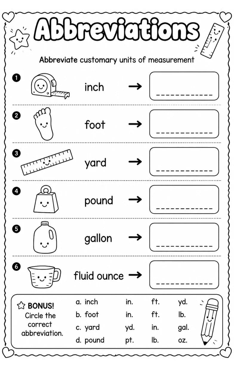 Abbreviate customary units of measurement — free printable Grammar and mechanics English worksheet