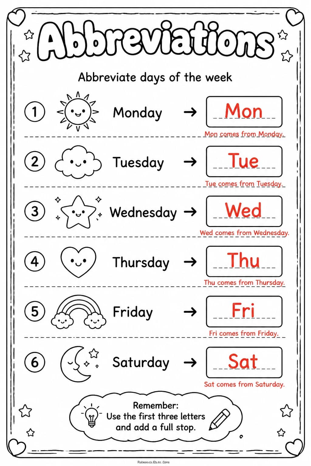Answer key for Abbreviate days of the week — free printable English & Reading worksheet