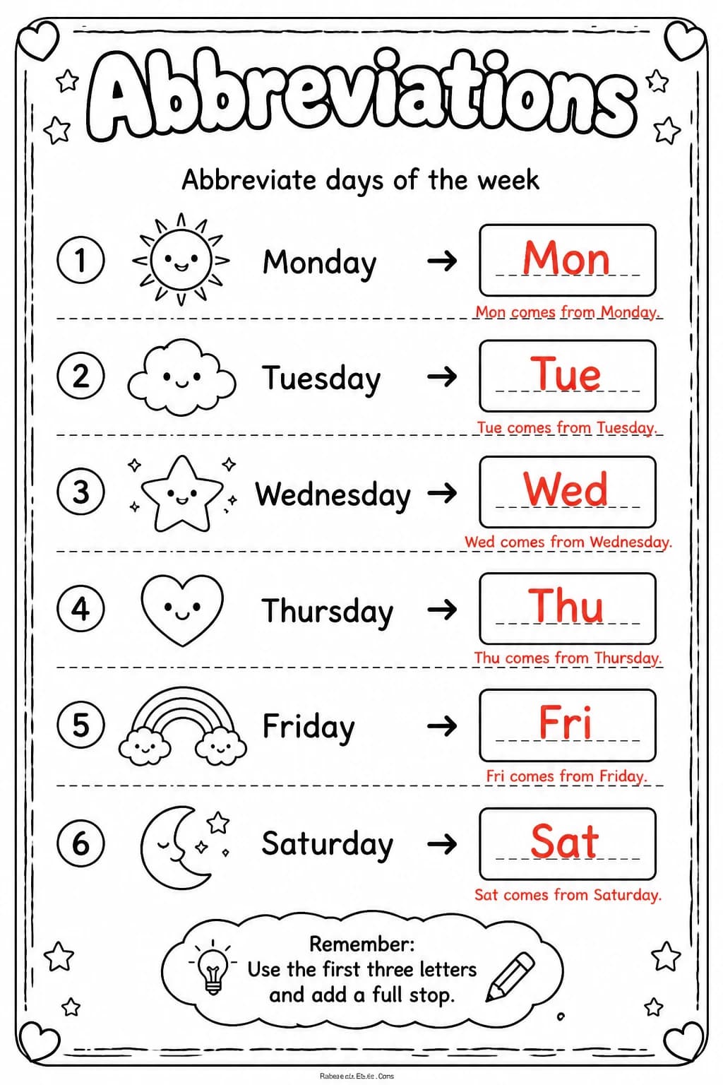 Answer key for Abbreviate days of the week — free printable English & Reading worksheet