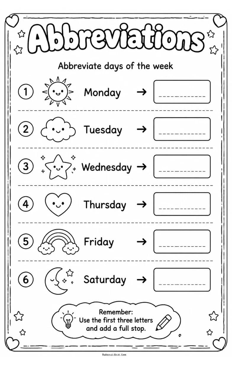 Abbreviate days of the week — free printable Grammar and mechanics English worksheet
