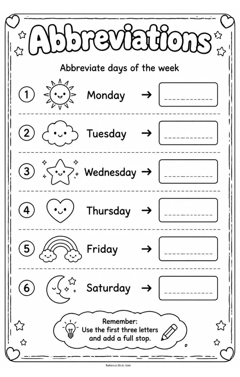 Abbreviate days of the week — free printable Grade 2 English & Reading worksheet