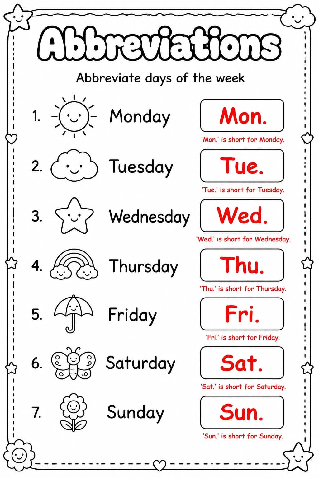 Answer key for Abbreviate days of the week — free printable English & Reading worksheet