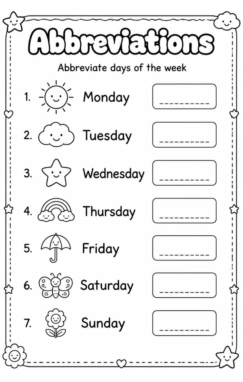 Abbreviate days of the week — free printable Grade 3 English & Reading worksheet