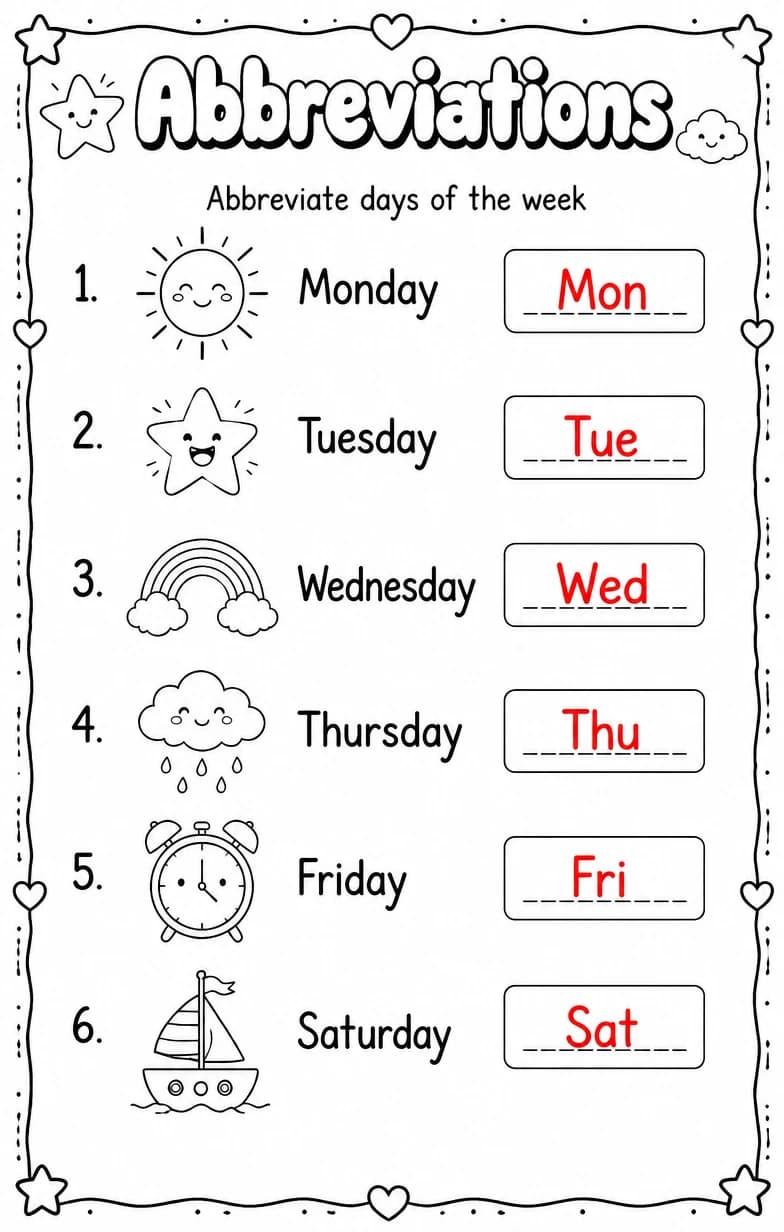 Answer key for Abbreviate days of the week — free printable English & Reading worksheet
