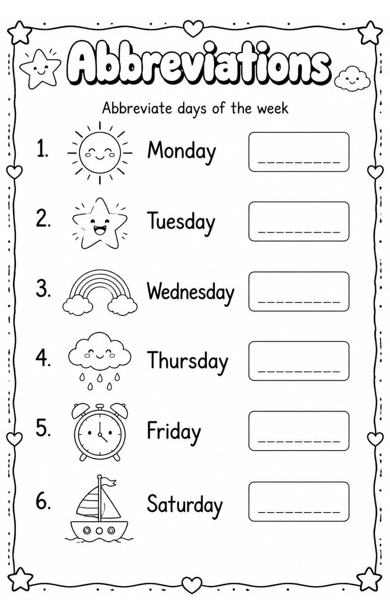 Abbreviate days of the week — free printable Grade 4 English & Reading worksheet