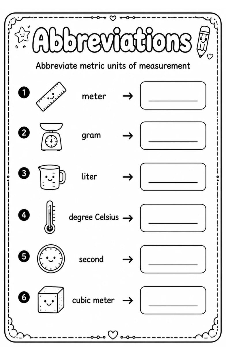 Abbreviate metric units of measurement — free printable Grade 3 English & Reading worksheet