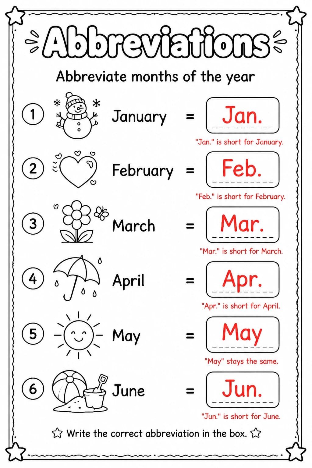 Answer key for Abbreviate months of the year — free printable English & Reading worksheet