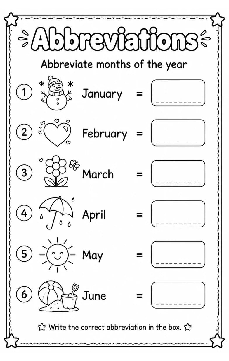 Abbreviate months of the year — free printable Grade 2 English & Reading worksheet