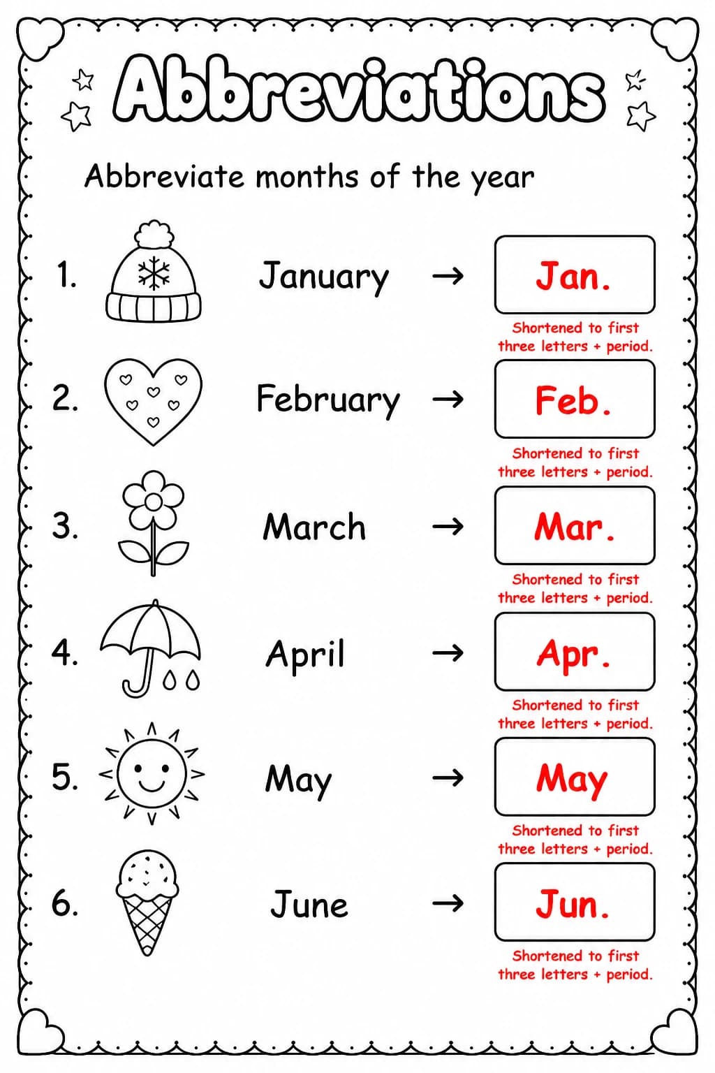 Answer key for Abbreviate months of the year — free printable English & Reading worksheet