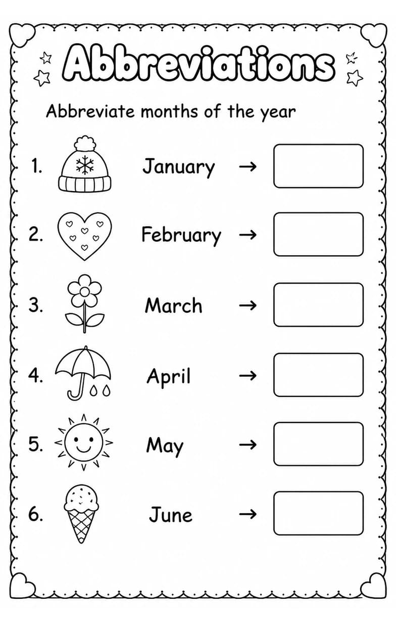 Abbreviate months of the year — free printable Grade 3 English & Reading worksheet
