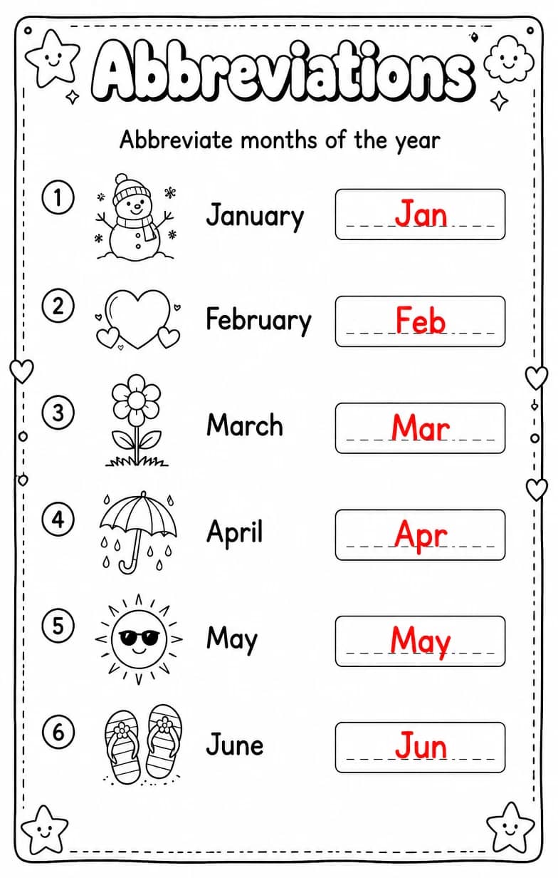 Answer key for Abbreviate months of the year — free printable English & Reading worksheet