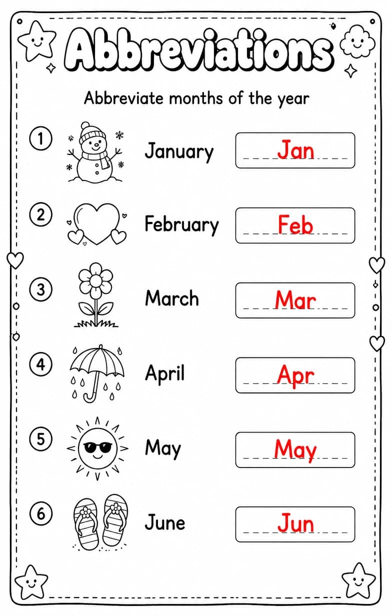 Answer key for Abbreviate months of the year — free printable English & Reading worksheet
