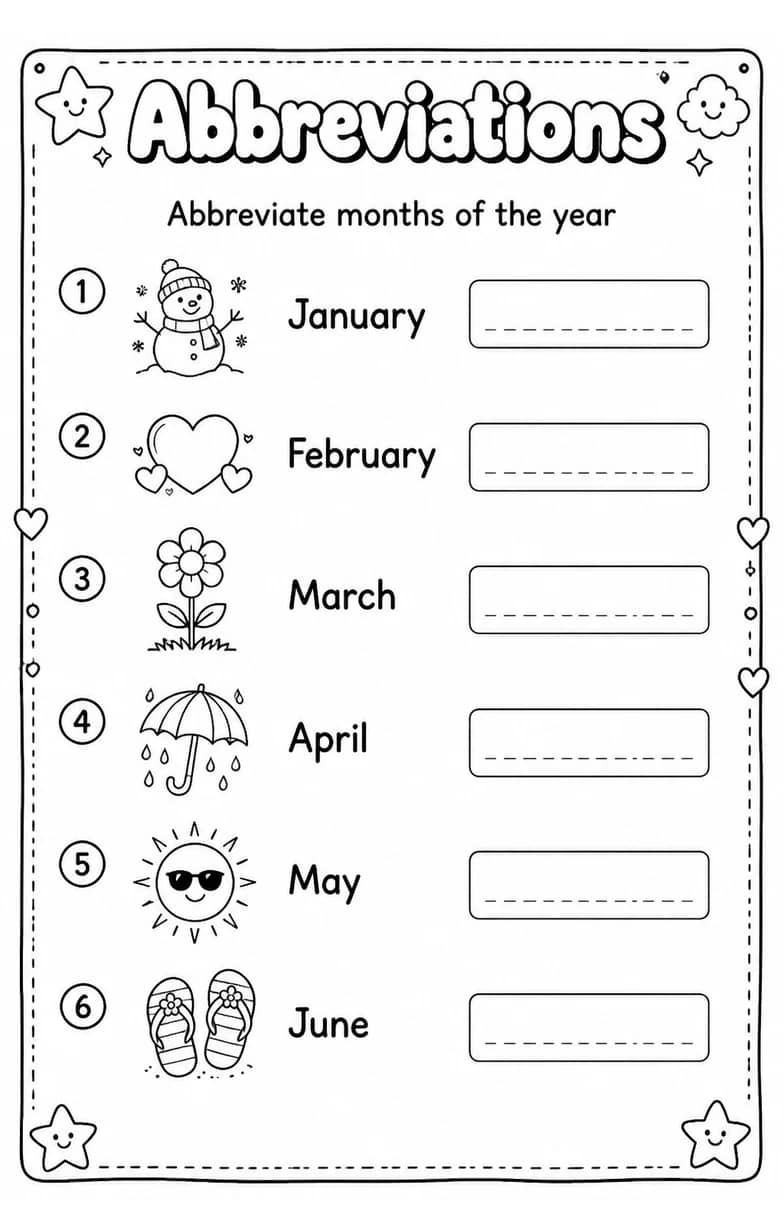 Abbreviate months of the year — free printable Grade 4 English & Reading worksheet