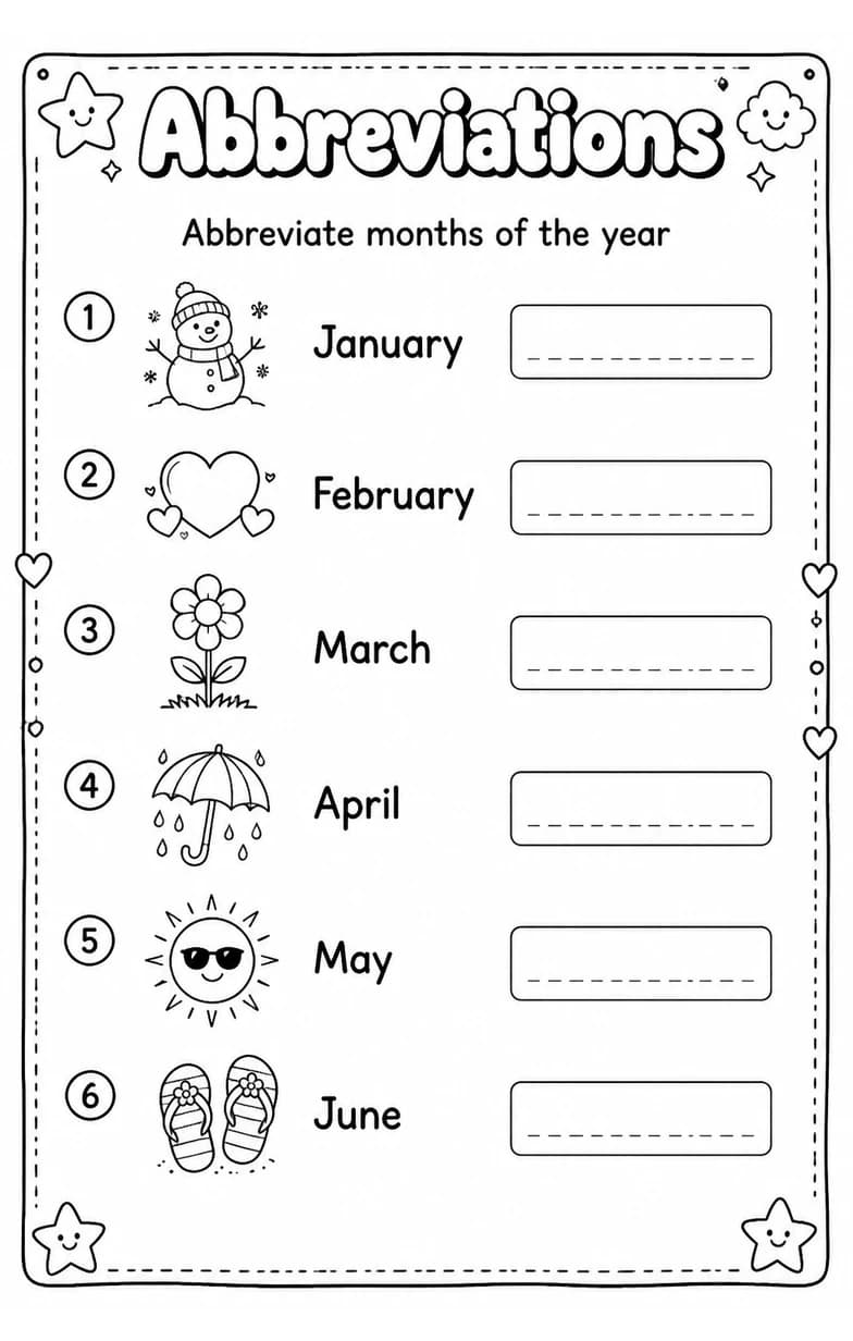 Abbreviate months of the year — free printable Grade 4 English & Reading worksheet