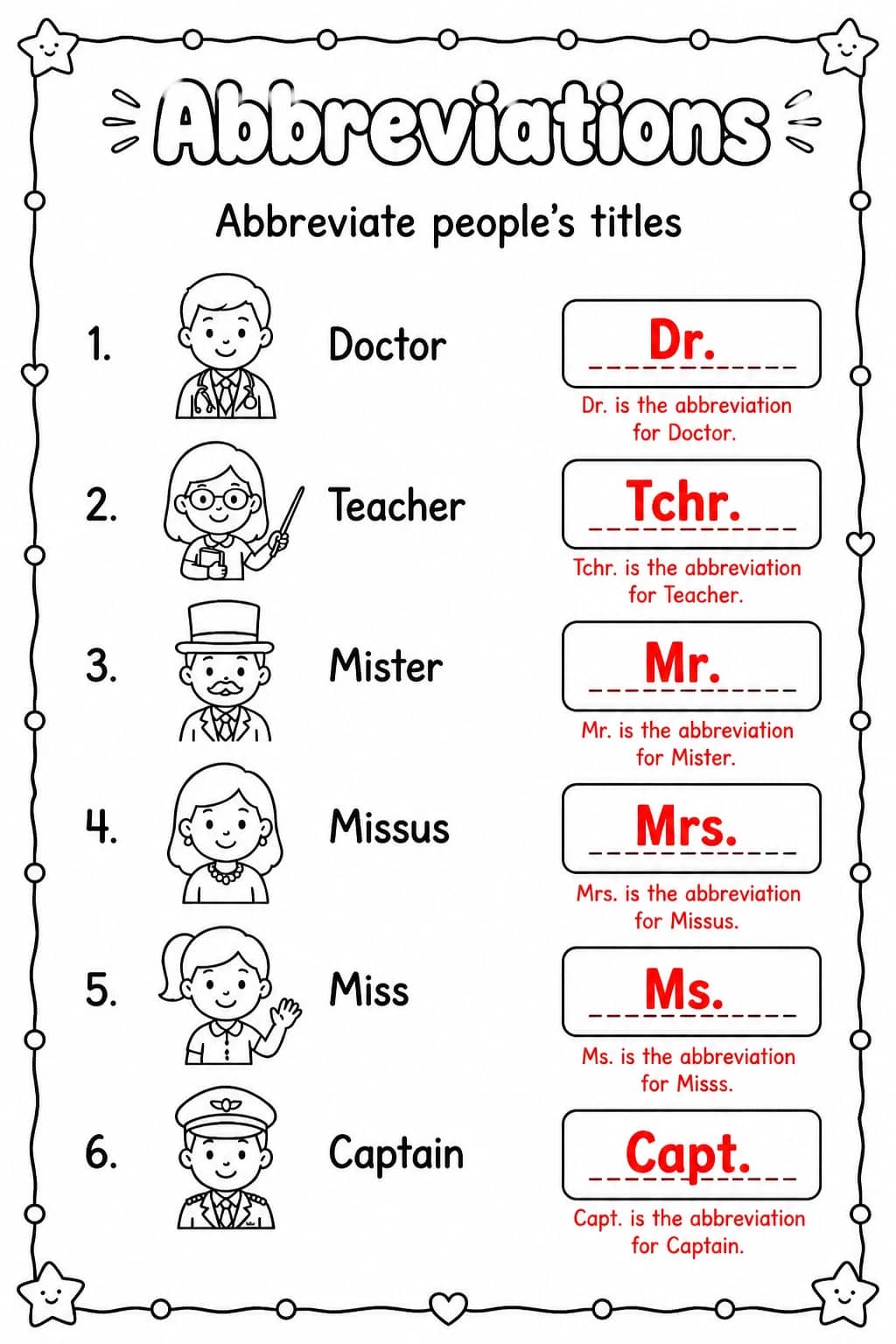 Answer key for Abbreviate people's titles — free printable English & Reading worksheet
