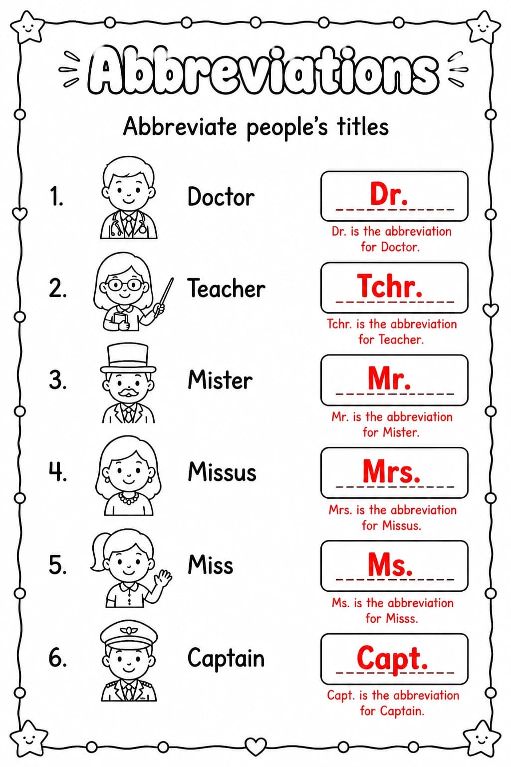 Answer key for Abbreviate people's titles — free printable English & Reading worksheet