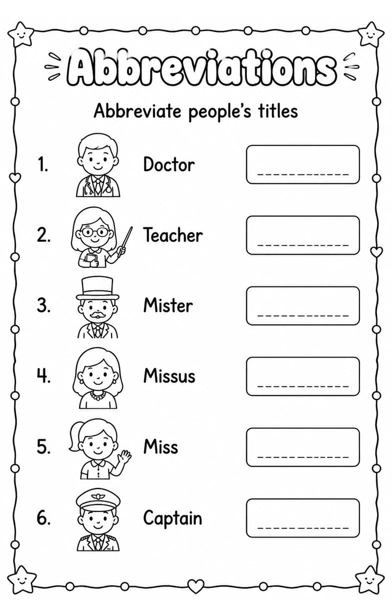 Abbreviate people's titles — free printable Grammar and mechanics English worksheet