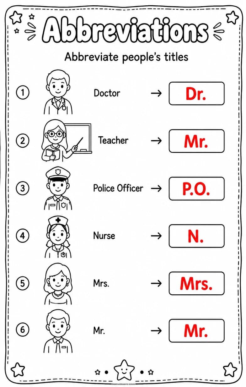 Answer key for Abbreviate people's titles — free printable English & Reading worksheet