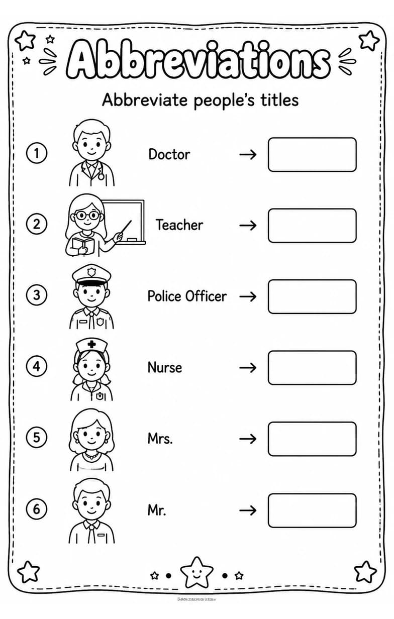 Abbreviate people's titles — free printable Grammar and mechanics English worksheet