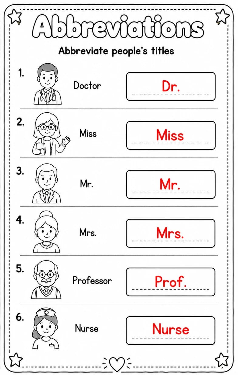 Answer key for Abbreviate people's titles — free printable English & Reading worksheet
