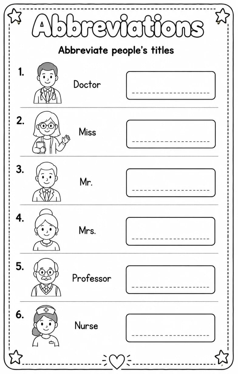 Abbreviate people's titles — free printable Grade 5 English & Reading worksheet