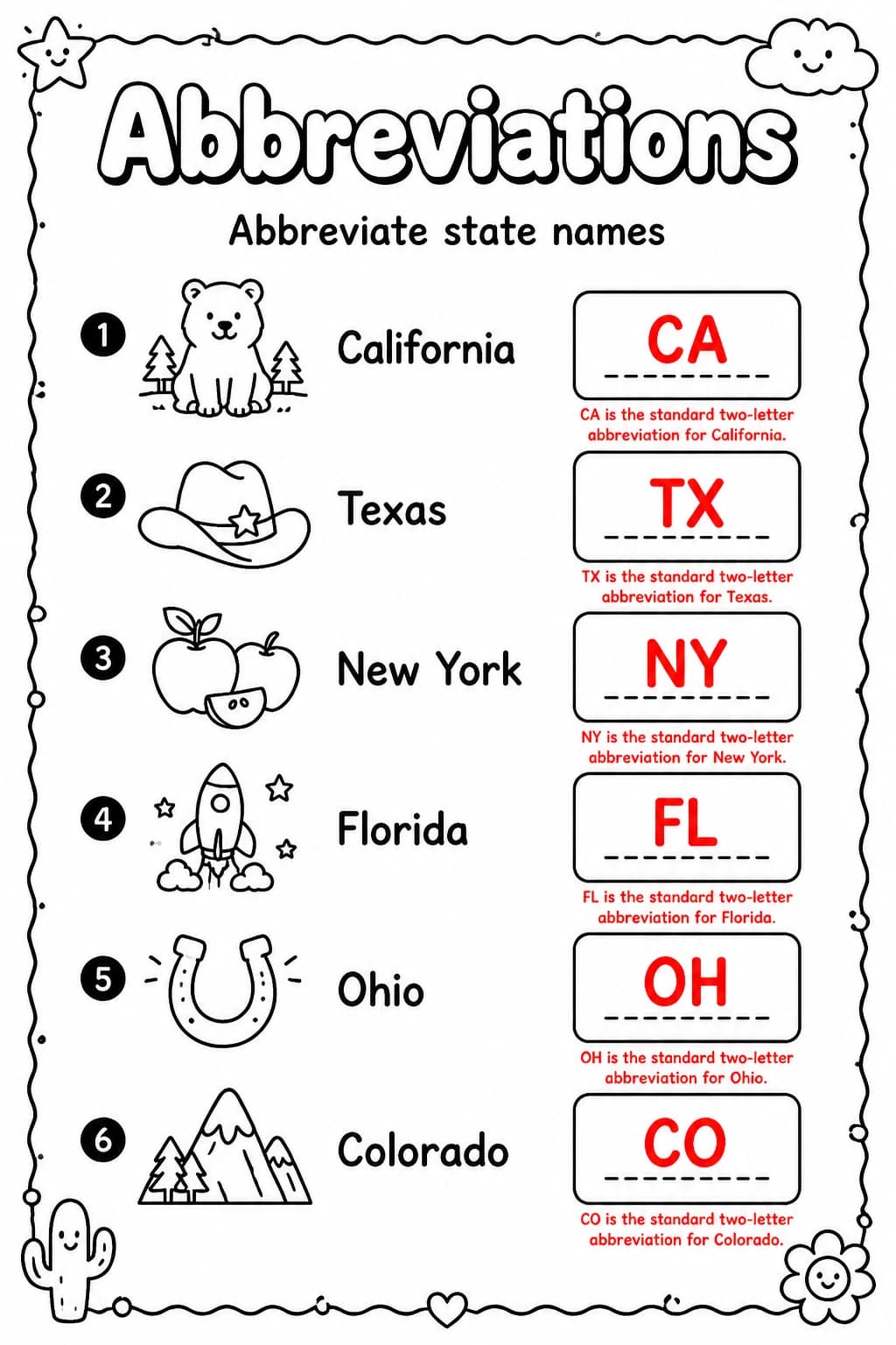 Answer key for Abbreviate state names — free printable English & Reading worksheet