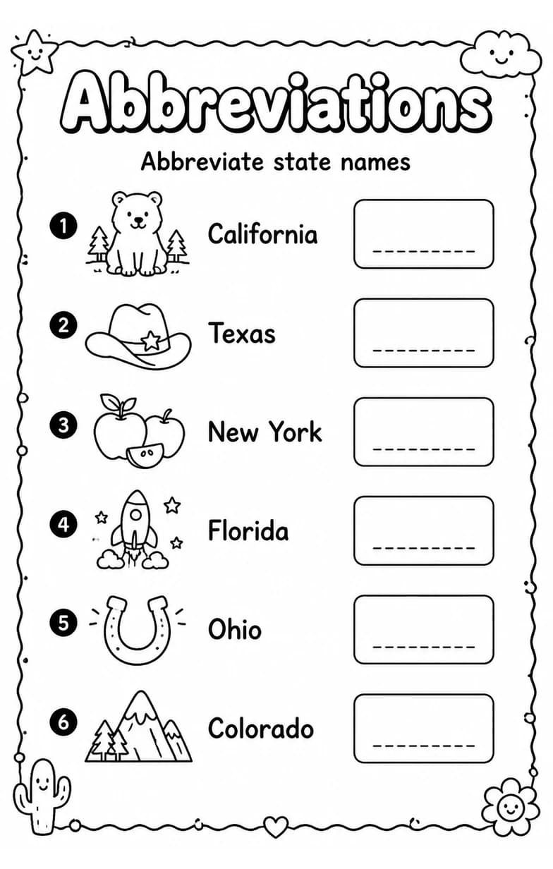 Abbreviate state names — free printable Grammar and mechanics English worksheet