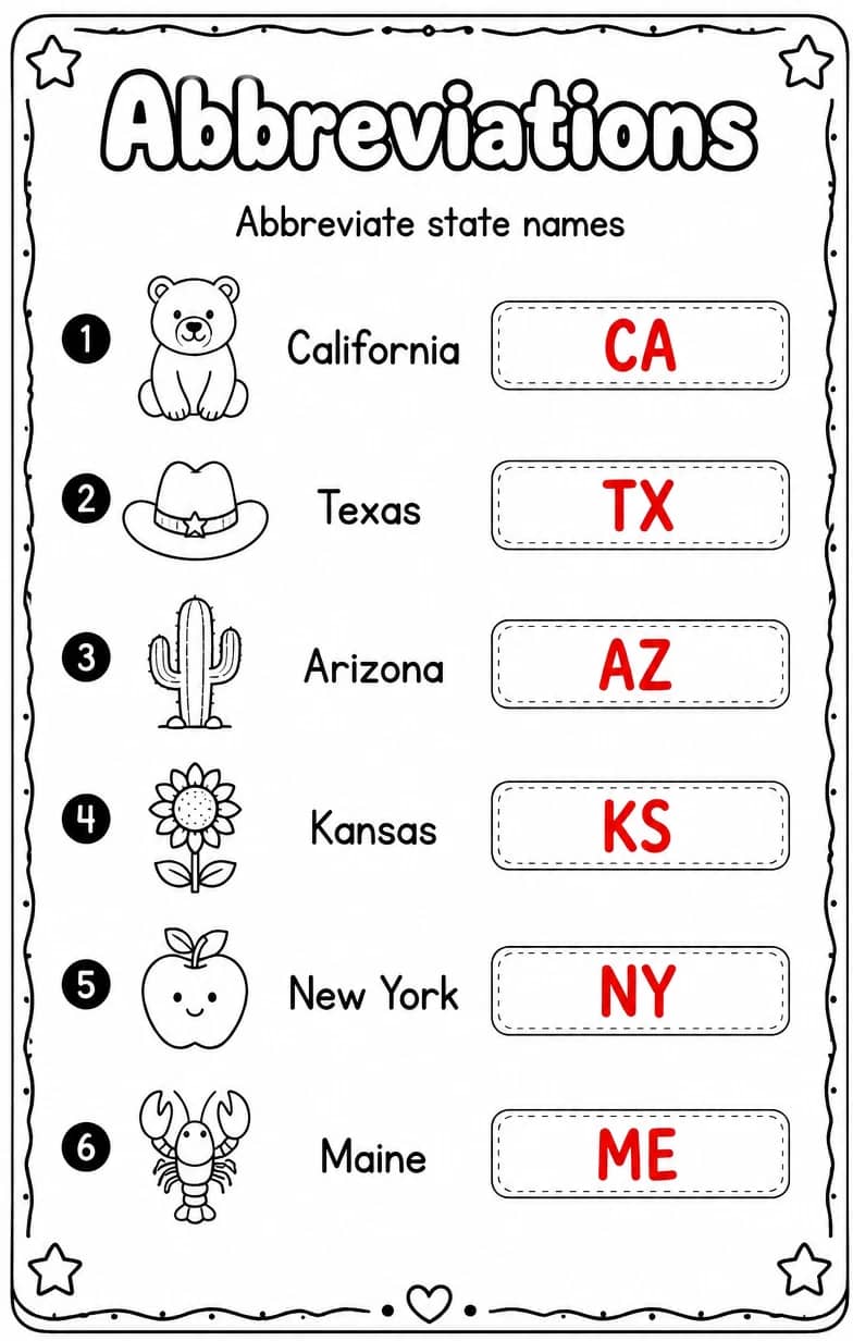 Answer key for Abbreviate state names — free printable English & Reading worksheet