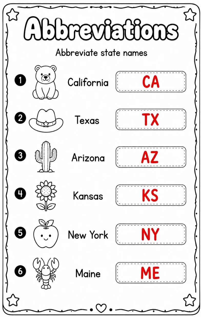 Answer key for Abbreviate state names — free printable English & Reading worksheet