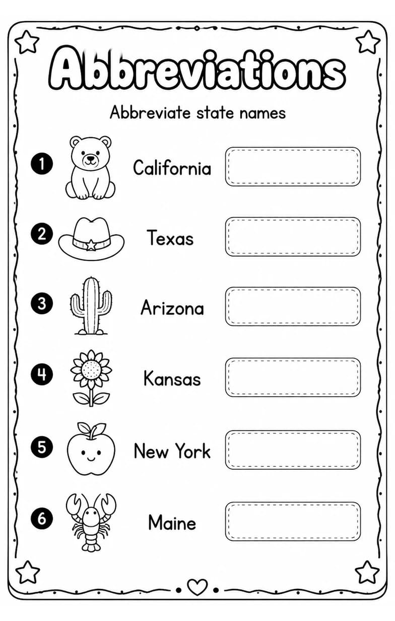Abbreviate state names — free printable Grade 4 English & Reading worksheet