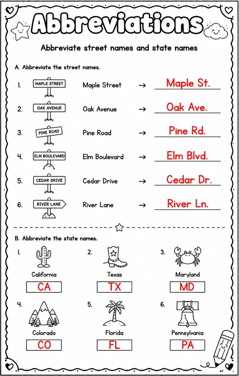 Answer key for Abbreviate street names and state names — free printable English & Reading worksheet