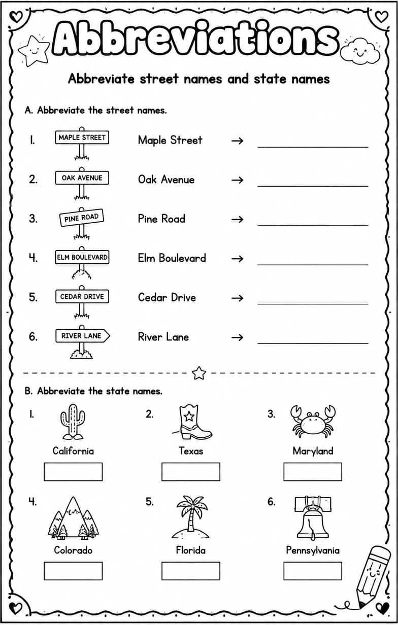 Abbreviate street names and state names — free printable Grade 5 English & Reading worksheet