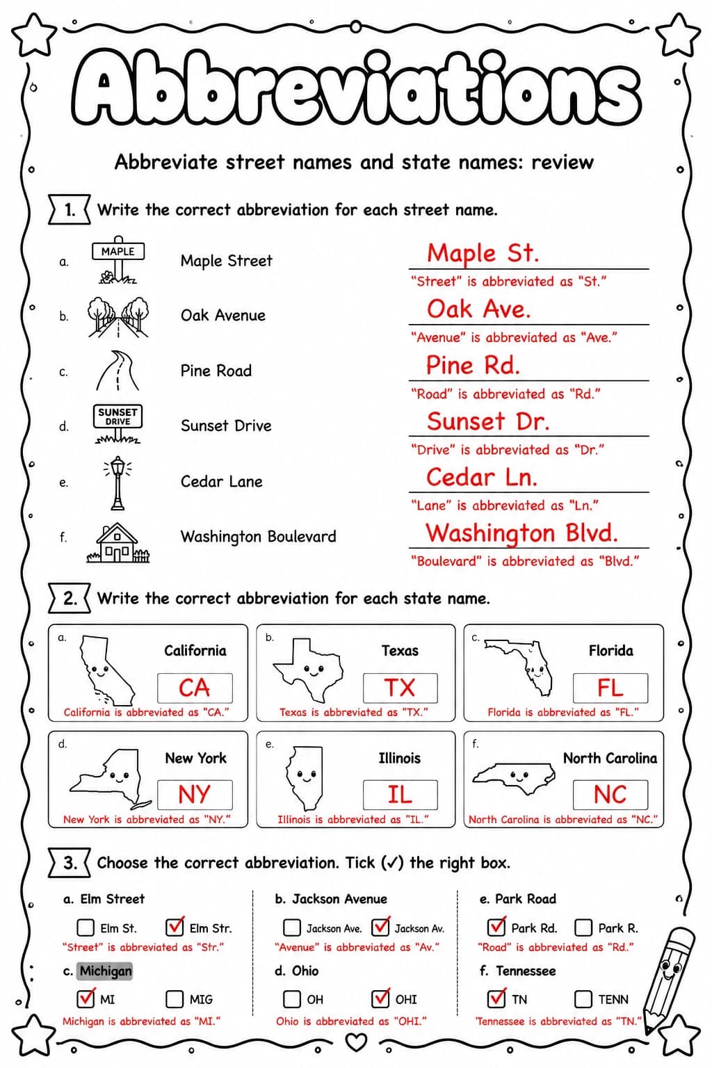Answer key for Abbreviate street names and state names: review — free printable English & Reading worksheet