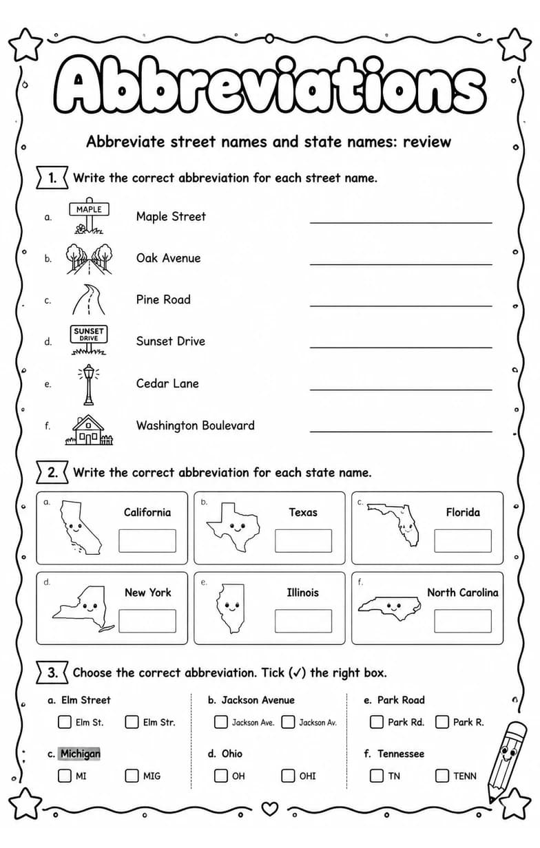 Abbreviate street names and state names: review — free printable Grade 3 English & Reading worksheet