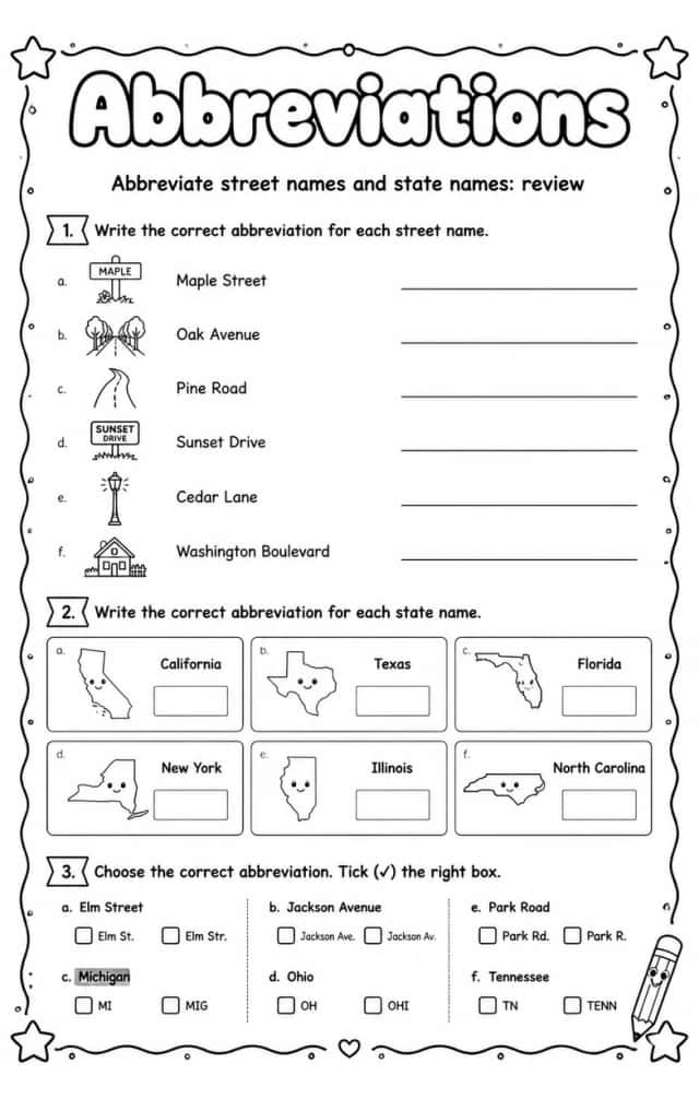 Abbreviate street names and state names: review