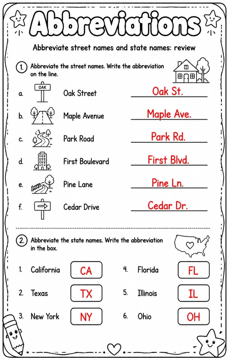 Answer key for Abbreviate street names and state names: review — free printable English & Reading worksheet